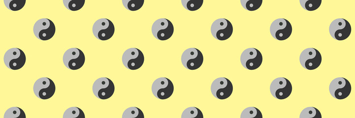 pattern. Image of Yin Yang symbol on pastel blue yellow backgrounds. Symbol of opposite. Surface overlay pattern. Horizontal image. Banner for insertion into site. 3D image. 3D rendering.