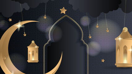 Luxury elegant black and gold ramadan background with mandala pattern moon crescent mosque cloud and border