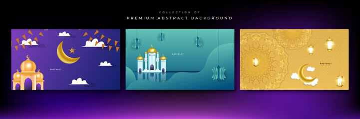 Colorful ramadan background design. Gold moon and abstract luxury islamic elements background with illustrations of mosques, moon and lanterns