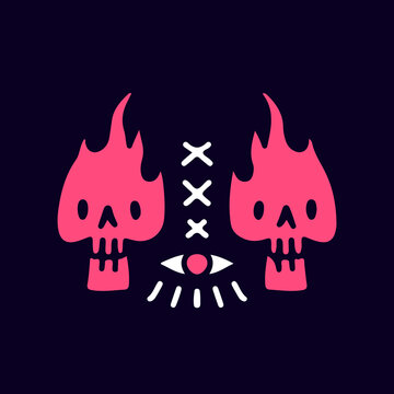 Flame skull and one eye symbol illustration. Artwork for street wear, t shirt, posters, bomber jackets, hoodie, patchworks, enamel pins; for clothes.