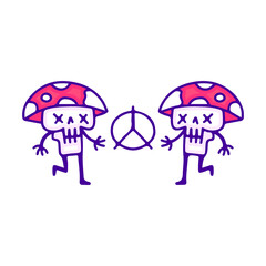 Funny skulls with mushroom hat and peace symbol cartoon, illustration for t-shirt, sticker, or apparel merchandise. With modern pop style.