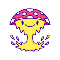 Distorted emoji face with magic mushroom hat, illustration for t-shirt, sticker, or apparel merchandise. With modern pop and retro style.