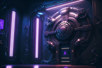 a huge futuristic vault gate, underground fantasy, the locked door to the underworld, the safest place in the world, walk-in bank safe, generative ai