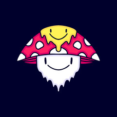 Trippy mushroom with melted emoji face illustration. Artwork for street wear, t shirt, posters, bomber jackets, hoodie, patchworks, enamel pins; for clothes.