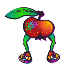 Cartoon strong apple ass with lettering strong ass. Funny trendy vector bright illustration isolated on white background. 
