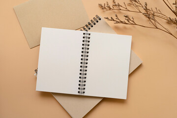 Notebook, A5, A6, metal ring bind, with white cream paper, with dried flowers and envelope. Stationary mockup template.