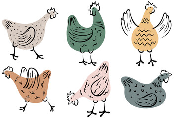 Set of hand-drawn hen. Chicken png illustration. Colorful isolated domestic birds.