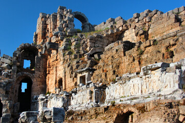 View of ancient Greek city of Perge near Antalya on the Mediterranean coast of Turkey