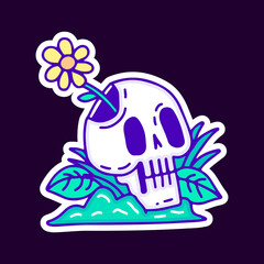 Broken skull head with sunflower inside cartoon, illustration for t-shirt, sticker, or apparel merchandise. With modern pop and vintage style.