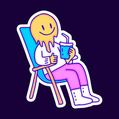 Melted emoji character chill out and holding drink cartoon, illustration for t-shirt, sticker, or apparel merchandise. With modern pop and retro style.