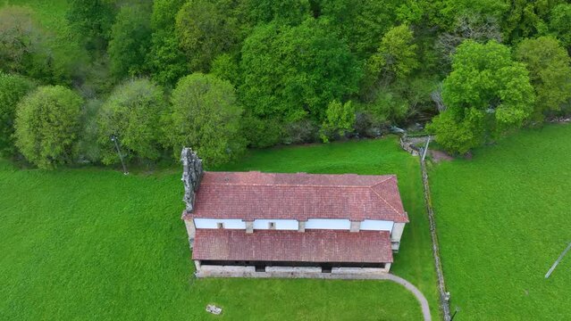 Aerial view from a drone of the surroundings of the Sanctuary of Valvanuz. Selaya. Pasiegos Valleys. Cantabria. Spain. Europe