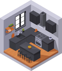 isometric kitchen with furniture and accessories, vector illustration