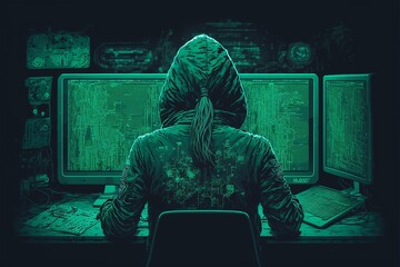 Hacker von hinten mit Bildschirmen in der Farbe Grün Hintergrund, ai generativ - obrazy, fototapety, plakaty
