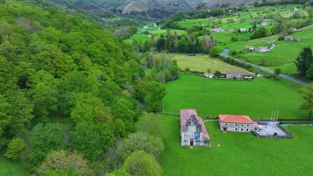 Aerial view from a drone of the surroundings of the Sanctuary of Valvanuz. Selaya. Pasiegos Valleys. Cantabria. Spain. Europe
