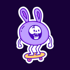 Kawaii skull in bunny costume riding skateboard cartoon, illustration for t-shirt, sticker, or apparel merchandise. With modern pop and retro style.