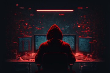Obraz premium Hacker sitzt am Rechner und begeht ein Verbrechen, ai generativ