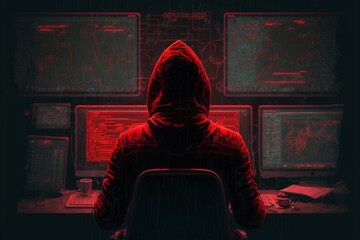 Hacker sitzt am Rechner und begeht ein Verbrechen, ai generativ - obrazy, fototapety, plakaty