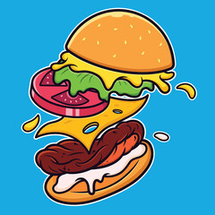 Burger ingredients, jumping burger, separated layers cartoon icon illustration
