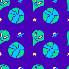 Cool alien and earth planet seamless pattern, illustration for background, or apparel merchandise. With modern pop and retro style.