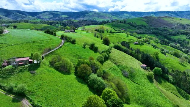 Aerial view from a drone of the surroundings of the Sanctuary of Valvanuz. Selaya. Pasiegos Valleys. Cantabria. Spain. Europe