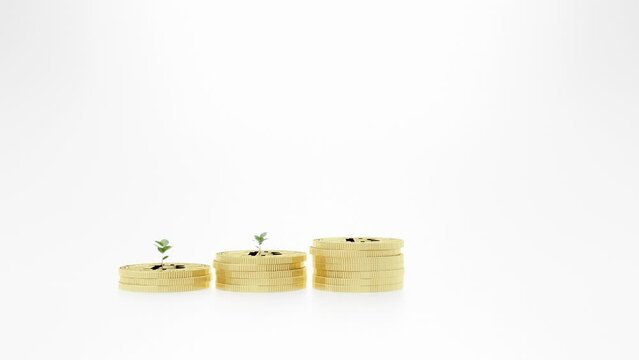 Stop motion stacked coins with money saving concept and tree growing business finance in a piggy bank with money boxes for future funds of tourism, home, and retirement on isolated white background.