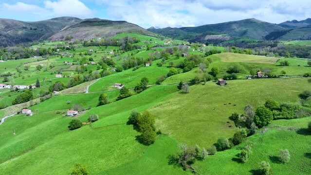 Aerial view from a drone of the surroundings of the Sanctuary of Valvanuz. Selaya. Pasiegos Valleys. Cantabria. Spain. Europe