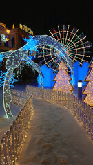 The glowing Christmas alley is all in garlands. Snow is falling. Everything is decorated with neon lights. The fence, Christmas trees, arches, a viewing ring and a huge house are lit. Vertical