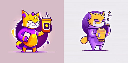cat holding coffee mug on abstract background. Generative AI