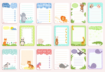 Cute notes collection, vector illustration. Kids daily planner banner set for school education. Organizer for cartoon notes