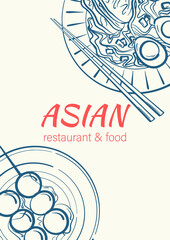 Obraz premium Asian cuisine sketch banner. Japanese Food menu design template. Hand drawn vector illustration