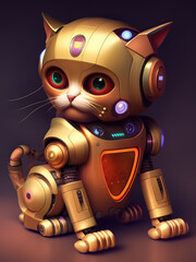 Robot cat wearing golden armor, cute cyborg kitten with headphones. Digital colorful illustration. Generative AI.