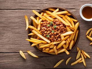 french fries on a wooden table