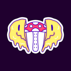 Two half of distorted smile emoji face with magic mushroom inside, illustration for t-shirt, sticker, or apparel merchandise. With modern pop and retro style.