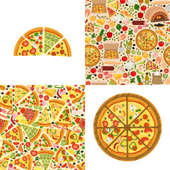 Pizzeria menu pattern set, vector illustration. Printable flyer banner with half, whole pizza. Product elements, ingredients, additives for preparing