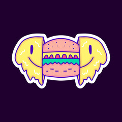 Two half of distorted emoji face with burger inside, illustration for t-shirt, sticker, or apparel merchandise. With modern pop and retro style.