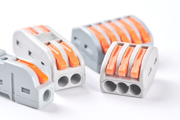 Cable lug for connecting electric wires, Terminal block isolated on white background