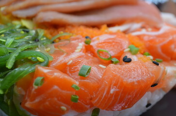 Japanese rice bowl with raw salmon and raw tuna on top