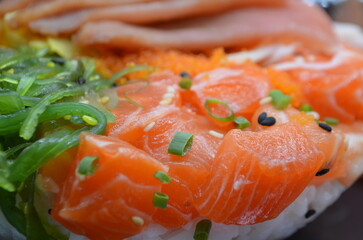 Japanese rice bowl with raw salmon and raw tuna on top