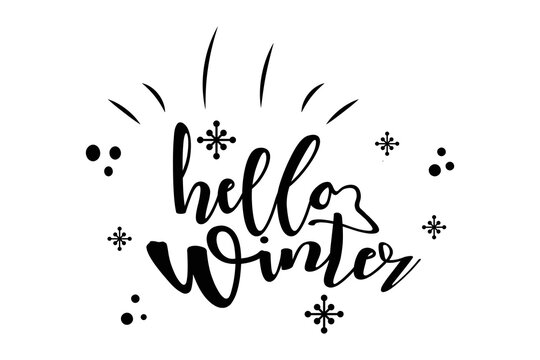 Hello Winter hand lettering inscription. Winter logos and emblems for invitation, greeting card, t-shirt, prints and posters. Hand drawn winter inspiration phrase. Vector illustration