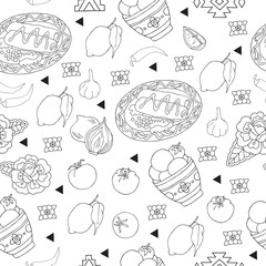 Latinamerican food linear black and white hand drawn seamless pattern