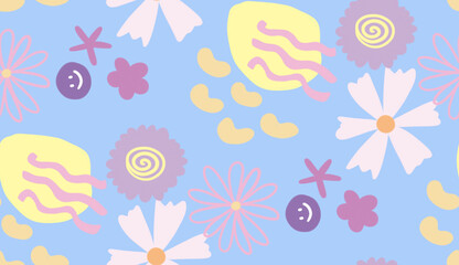 Seamless pattern with creative decorative flowers modern minimal colorful style. Using for print on the wall, pillows, decoration kids interior, baby wear and shirt