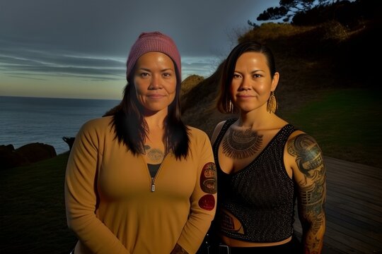 Two Hispanic or Indian women sisters friends warriors with tattoo illustrating the concept of sisterhood, sorority, fraternity and family, at the seaside made by Generative AI and digital painting