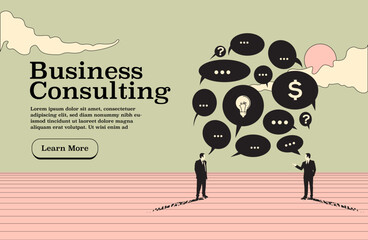 Business consulting website page or banner design template with two talking businessman with discussion message bubbles in minimalistic vintage style. Concept of teamwork. Vector illustration