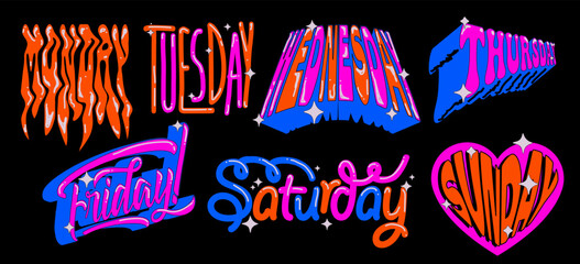 Days of the week colorful funny lettering sticker set isolated on black background for challenge or weekly planner or schedule. Vector illustration