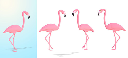 3 flamants roses sur fond transparent - différentes poses - rendu 3D
