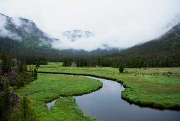 calm river and green grass in cloudy mountains