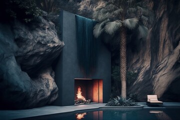 outdoor pool lounge with fireplace, generative ai