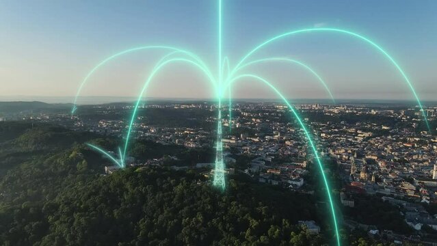 Smart City Hologram Information Arches Forming During Network Communication. Transfer 5g Web Communications Signal. Artificial Intelligence Technology in City. Internet Connection by Satellites