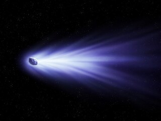 Comet tail against the background of stars. Glowing comet in the sky. Celestial body image.