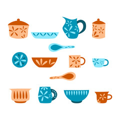 Set of ceramic kitchenware. Flat vector illustration.